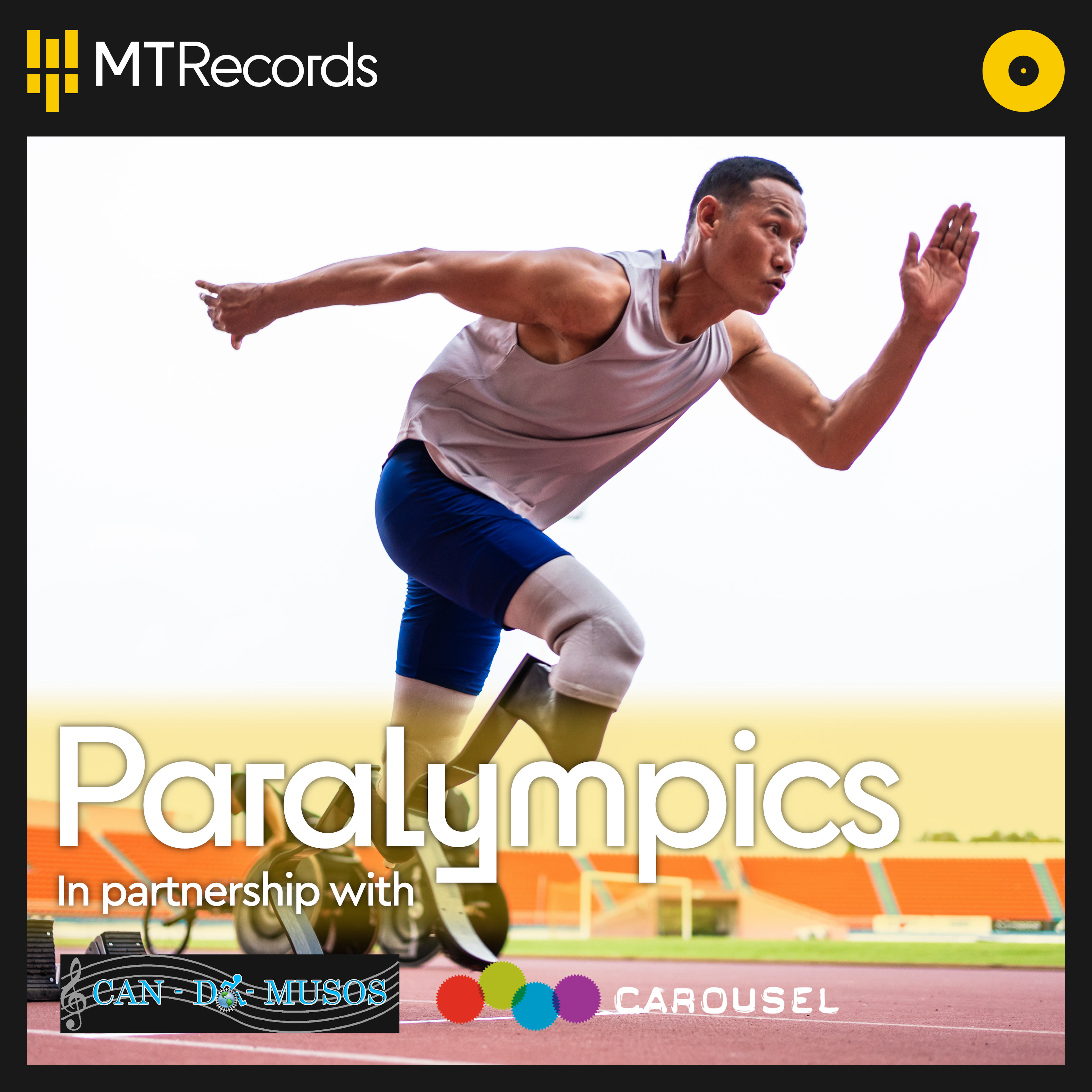 Album cover depicting: A professional athlete, wearing a white t-shirt, blue shorts and a prosthetic leg, is running on a track. The album cover also shows the logos of our label MT Records, and our partners Carousel and Can Do Musos.